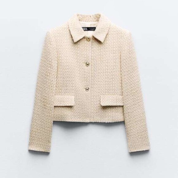Zara Ecru Textured Weave Cropped Bomber Jacket | Size Small - Picture 1 of 14